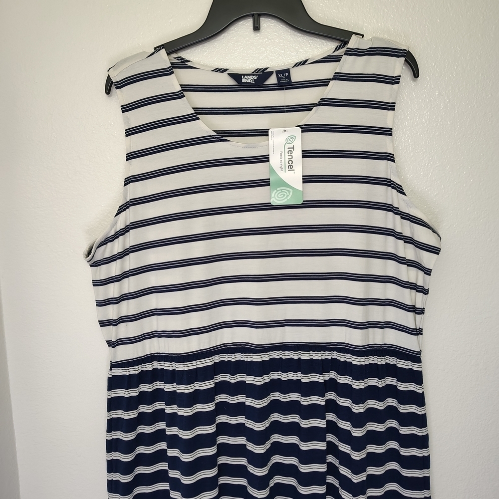 Lands' End Blue and White Sleeveless Sailor Maxi Dress Sz XLP / 18 - Picture 4 of 9
